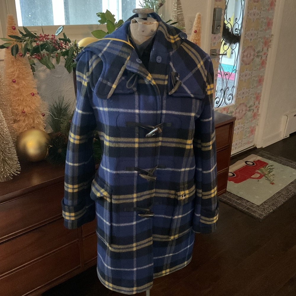 Teenie Weenie blue plaid wool blend duffle toggle pea coat with hood M